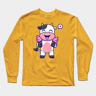 Cute Cow Holding Ice Cream Cartoon Long Sleeve T-Shirt